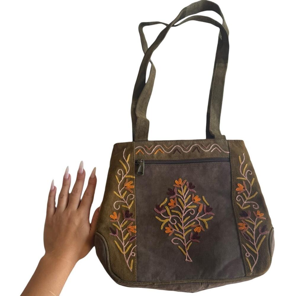 Vintage boho Brown olive suede floral embroidered shoulder bag - Picture 5 of 5